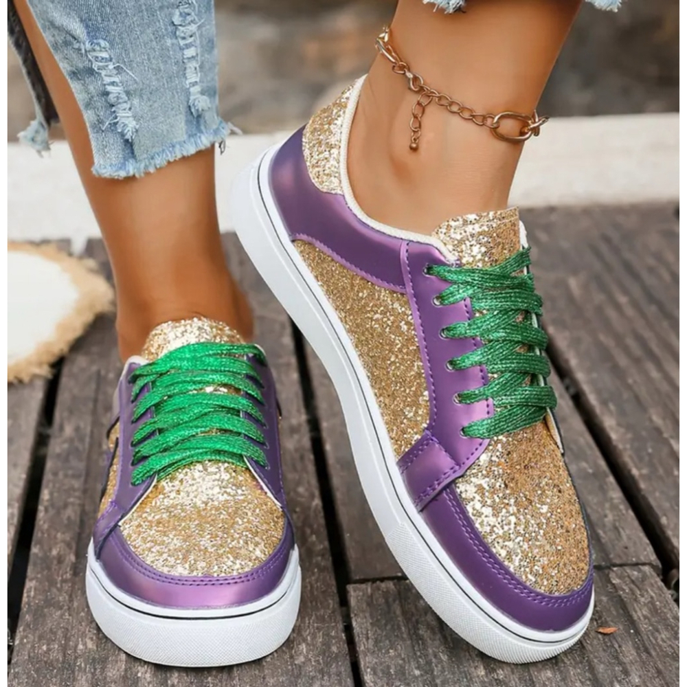 Mardi Gras Glittery Gold & Purple Star Sneakers with Glitter Green Shoestrings - Picture 2 of 5